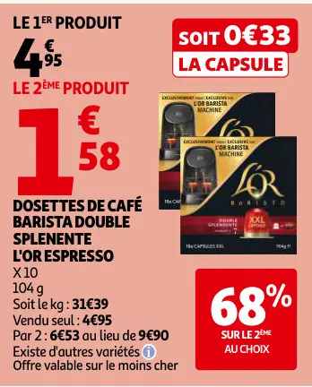 Offre: Dosettes de café barista double splenente