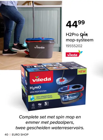 Promotie: Vileda H2Pro Spin Mop Systeem Complete Set - 49,6x31,8x29,9cm - Kunststof - Grijs/Rood/Blauw