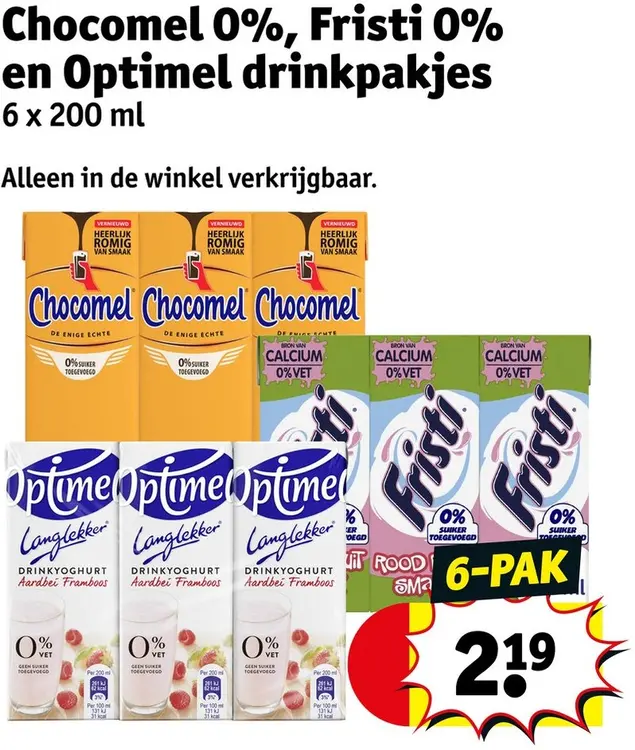Aanbieding: Chocomel 0%, Fristi 0% en Optimel drinkpakjes