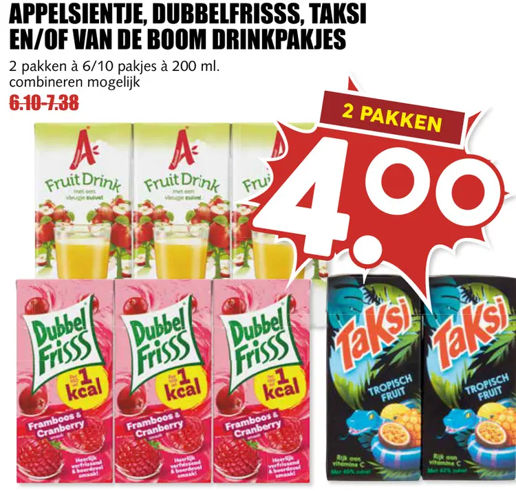 Aanbieding: Appelsientje, Dubbelfrisss, Taksi en/of Van drinkpakjes
