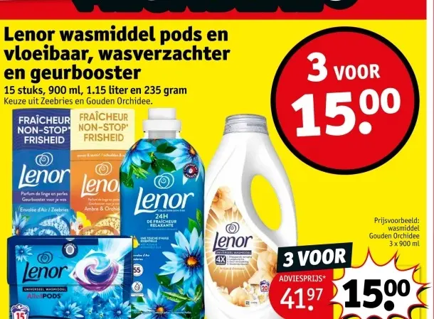 Aanbieding: wasmiddel pods en vloeibaar, wasverzachter en geurbooster
