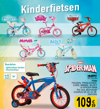 Aanbieding: HUFFY BICYCLES Fiets FROZEN , PRINCESSES , CARS , MINNIE , BLUEY of SPIDER - MAN