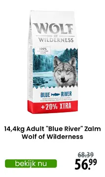 Aanbieding: 14,4kg Adult "Blue River" Zalm Wolf of Wilderness