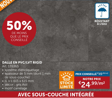 Offre: Vinyl Sol Click 4mm+1mm Sous-couche Asti Carrelage Gris