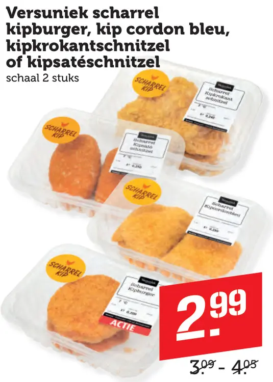 Aanbieding: Versuniek Scharrel kipburger, kip cordon bleu, kipkrokantschnitzel of kipsatéschnitzel