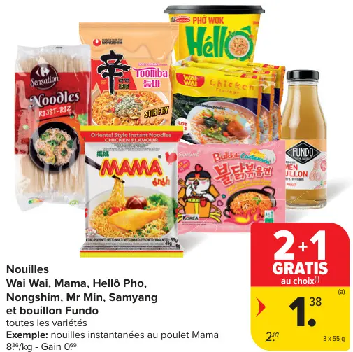 Offre: Nouilles Wai Wai, Mama, Hellô Pho, Nongshim, Mr Min, Samyang et bouillon Fundo