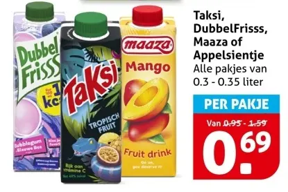Aanbieding: Taksi, DubbelFrisss, Maaza of Appelsientje