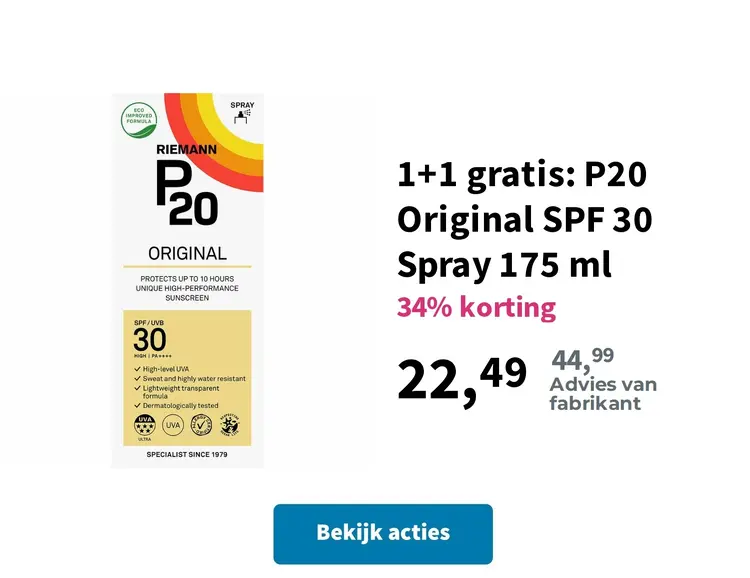 Promotie: 1+1 gratis: P20 Original SPF 30 Spray 175 ml