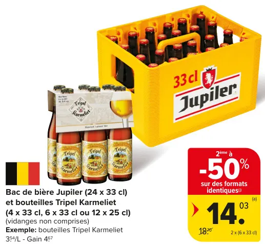 Offre: Bac de bière Jupiler et bouteilles Tripel Karmeliet