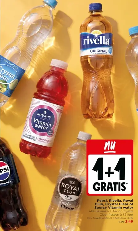 Aanbieding: Pepsi, Rivella, Royal Club, Crystal Clear of Sourcy vitamin water