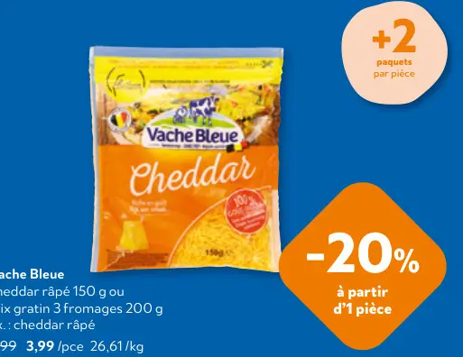 Offre: Cheddar râpé ou mix gratin 3 fromages
