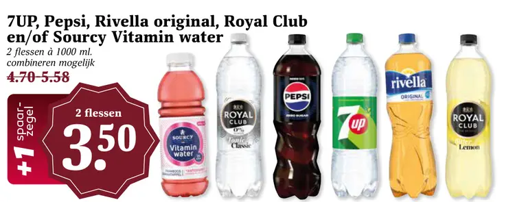 Aanbieding: 7UP, Pepsi, Rivella original, Royal Club en/of Sourcy Vitamin water