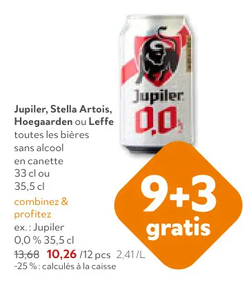 Offre: Jupiler, Stella Artois, Hoegaarden ou Leffe t