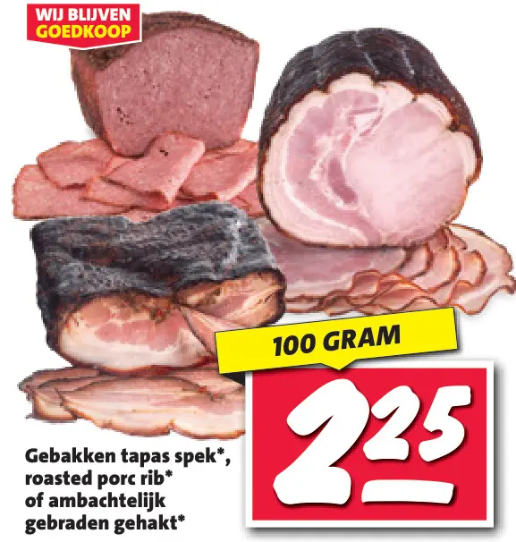 Aanbieding: Gebakken tapas spek, roasted porc rib of ambachtelijk gebraden gehakt