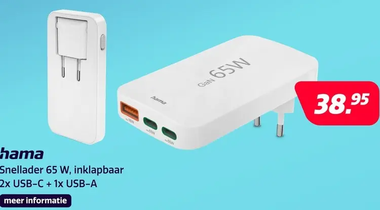 Aanbieding: Hama Snellader 2x USB-C 1x USB-A PD 65 W Inklapbaar Wit