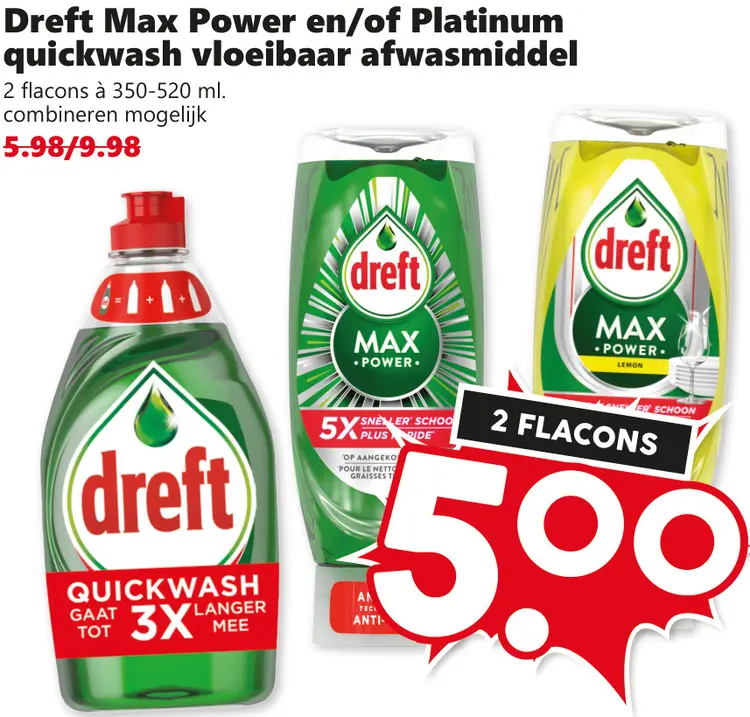 Aanbieding: Max Power en/of Platinum quickwash vloeibaar afwasmiddel