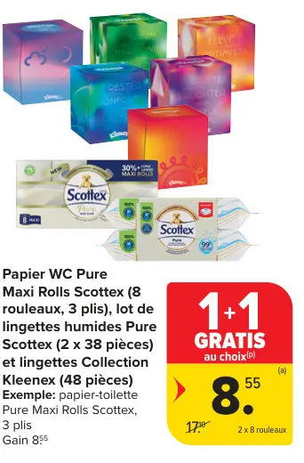 Offre: Papier WC Pure Maxi Rolls Scottex et lingettes humides Pure Scottex et lingettes Collection
