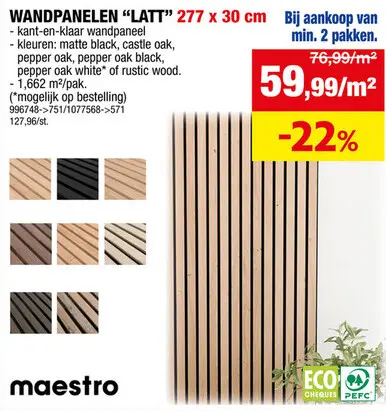 Aanbieding: Maestro Latt wandpaneel met 7 latjes 277x30 cm 1,66m² wit/pepper oak 2 stuks
