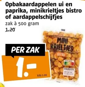 Aanbieding: Opbakaardappelen ui en paprika, minikrieltjes bistro of aardappelschijfjes