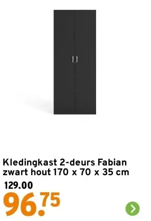 Aanbieding: Kledingkast 2-deurs Fabian zwart hout 170 x 70 x 35 cm