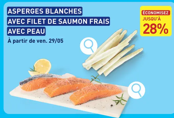 Offre: Asperges blanches avec filet de saumon frais avec peau