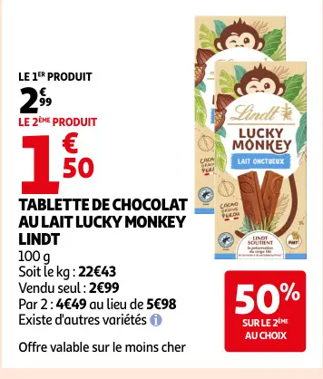 Offre: Tablette de chocolat au lait lucky monkey