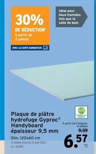 Offre: Plaque de plâtre hydrofuge Handyboard épaisseur