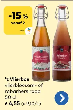 Aanbieding: 't Vlierbos vlierbloesem- of rabarbersiroop