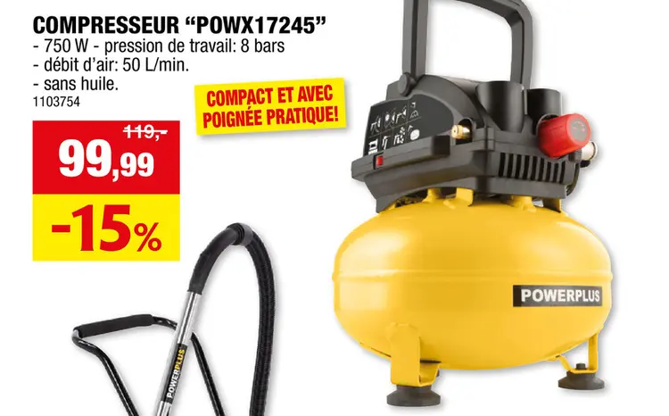 Offre: Powerplus POWX17245 Pancake compresseur 750W 11l sans huile