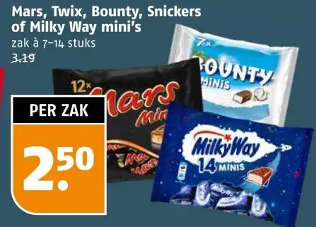Aanbieding: Mars, Twix, Bounty, Snickers of Milky Way mini's