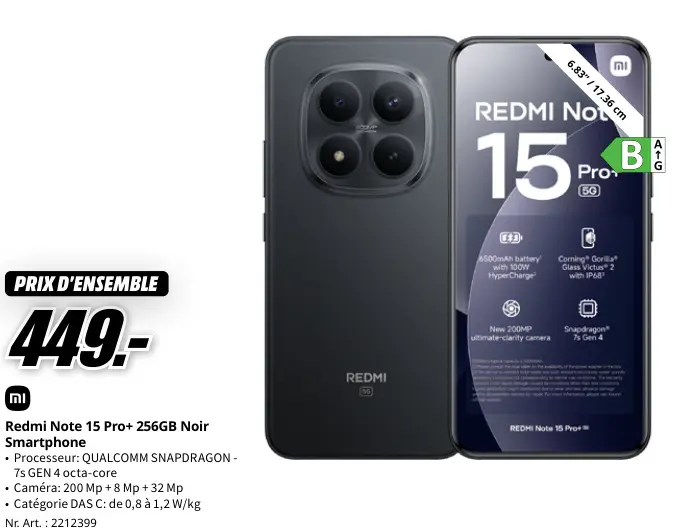 Offre: Redmi Note 15 Pro+ 256GB Noir Smartphone