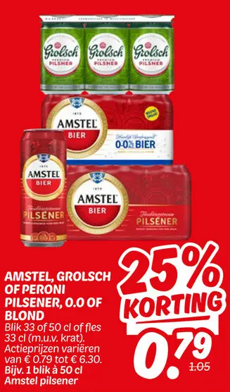 Aanbieding: Amstel, Grolsch of Peroni pilsener, 0.0 of blond