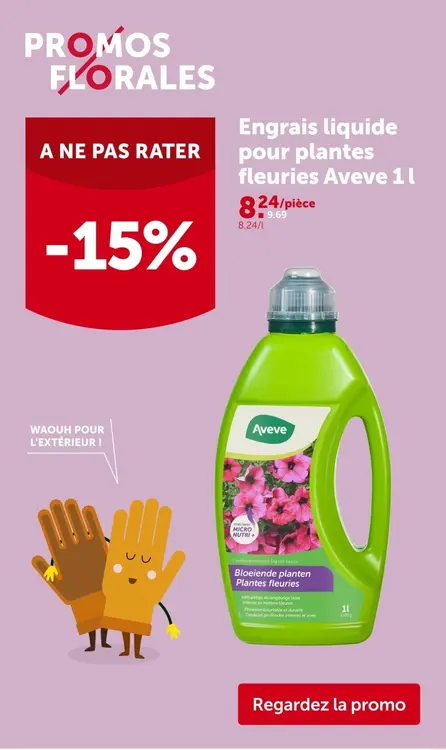 Offre: Engrais liquide pour plantes fleuries Aveve 1 l