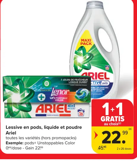 Offre: Lessive en pods, liquide et poudre