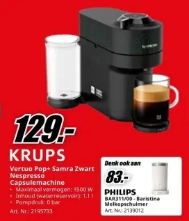 Promotie: Vertuo Pop+ Samra Zwart Nespresso Capsulemachine