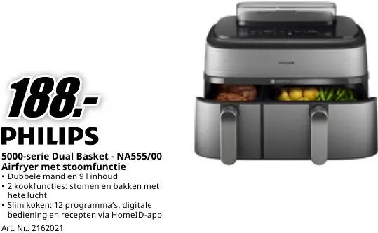 Promotie: 5000-serie Dual Basket - NA555/00 Airfryer met stoomfunctie