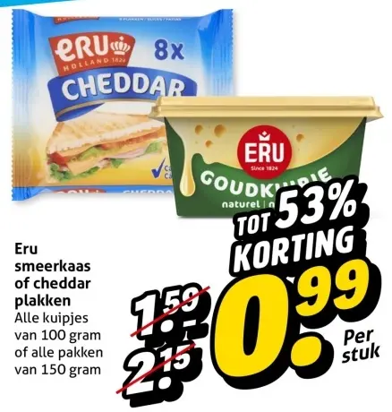 Aanbieding: Eru smeerkaas of cheddar plakken