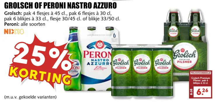 Aanbieding: Grolsch of Peroni nastro azzuro