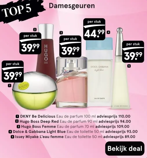 Aanbieding: DKNY Be Delicious, Hugo Boss Deep Red, Hugo Boss Femme, Dolce & Gabbana Light Blue en Issey Miyake L'eau femme parfums