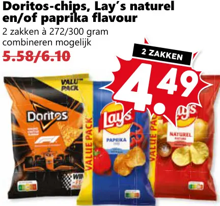 Aanbieding: Doritos-chips, Lay's naturel en/of paprika flavour