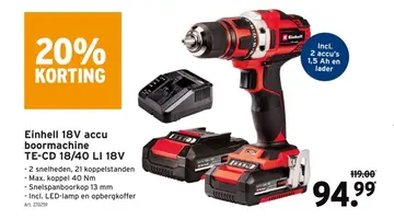 Aanbieding: Einhell 18V accu boormachine TE-CD 18/40 LI 1