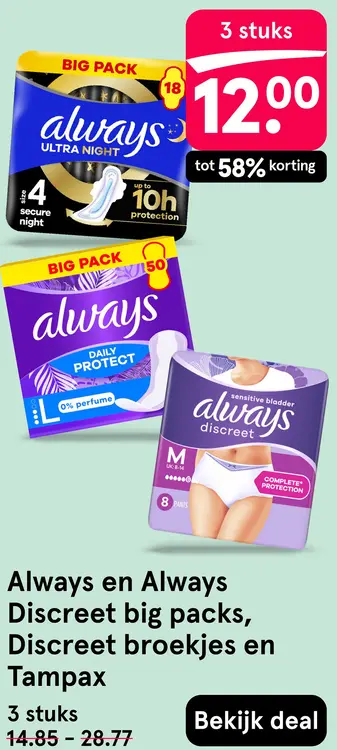 Aanbieding: Always en Always Discreet big packs, Discreet broekjes en Tampax