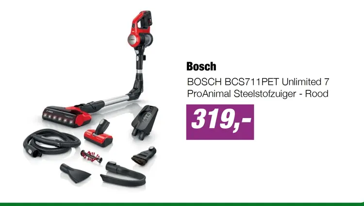 Aanbieding: BOSCH BCS711PET Unlimited 7 ProAnimal Steelstofzuiger - Rood