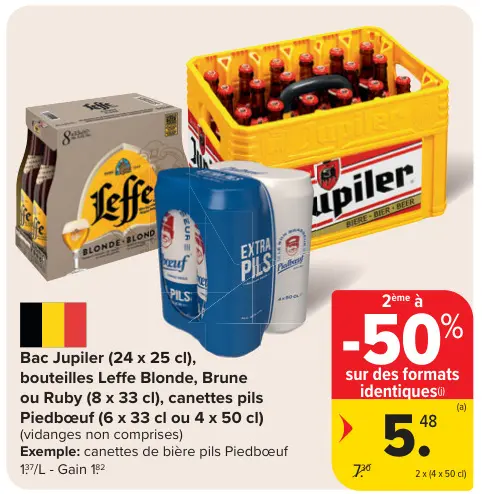 Offre: Bac Jupiler, bouteilles Leffe Blonde, Brune ou Ruby, canettes pils Piedboeuf
