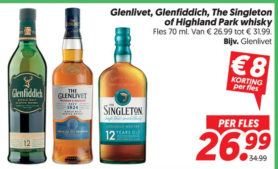 Aanbieding: Glenlivet, Glenfiddich, The Singleton of Highland park whisky