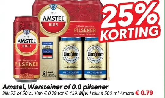 Aanbieding: Amstel, Warsteiner of 0.0 pilsener