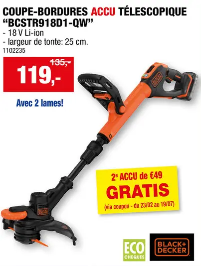 Offre: BCSTR918D1-QW coupe-bordures sans fil 18V Li-Ion 25cm