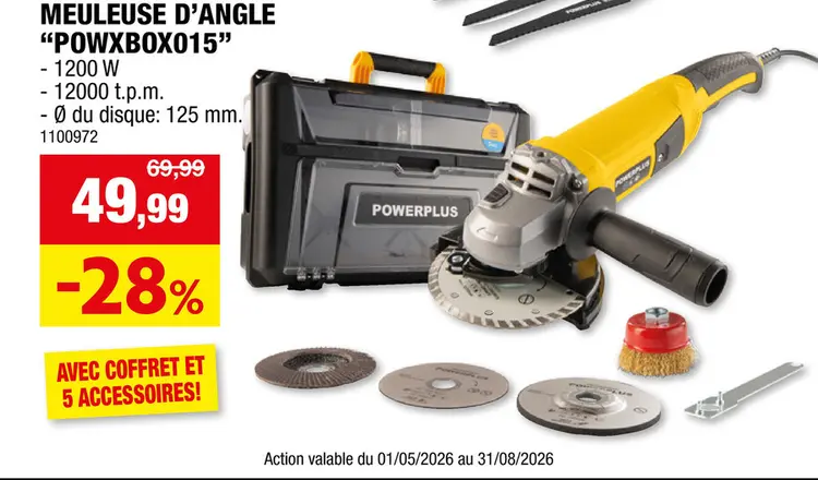 Offre: Powerplus POWXBOX015 meuleuse d'angle 1200W 125mm + 5 accessoires