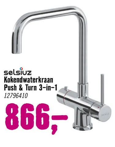 Aanbieding: SELSIUZ Kokendwaterkraan Push & Turn 3-in-1 haaks chroom met combi (extra) boiler