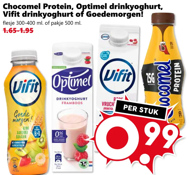 Aanbieding: Chocomel Protein, Optimel drinkyoghurt, Vifit drinkyoghurt of Goedemorgen!